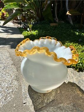 Vintage Fenton Art Glass "Gold Crest" Milk Glass-Double Crimped Amber Edge